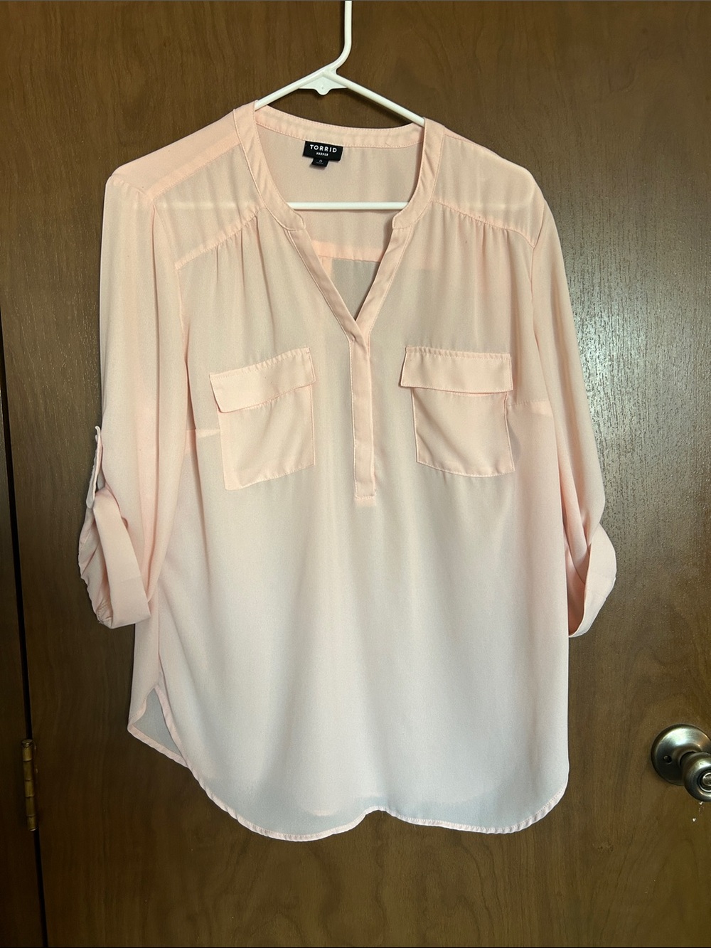 torrid Pale Blush Pink V-Neck Roll-Tab Pocket Blouse